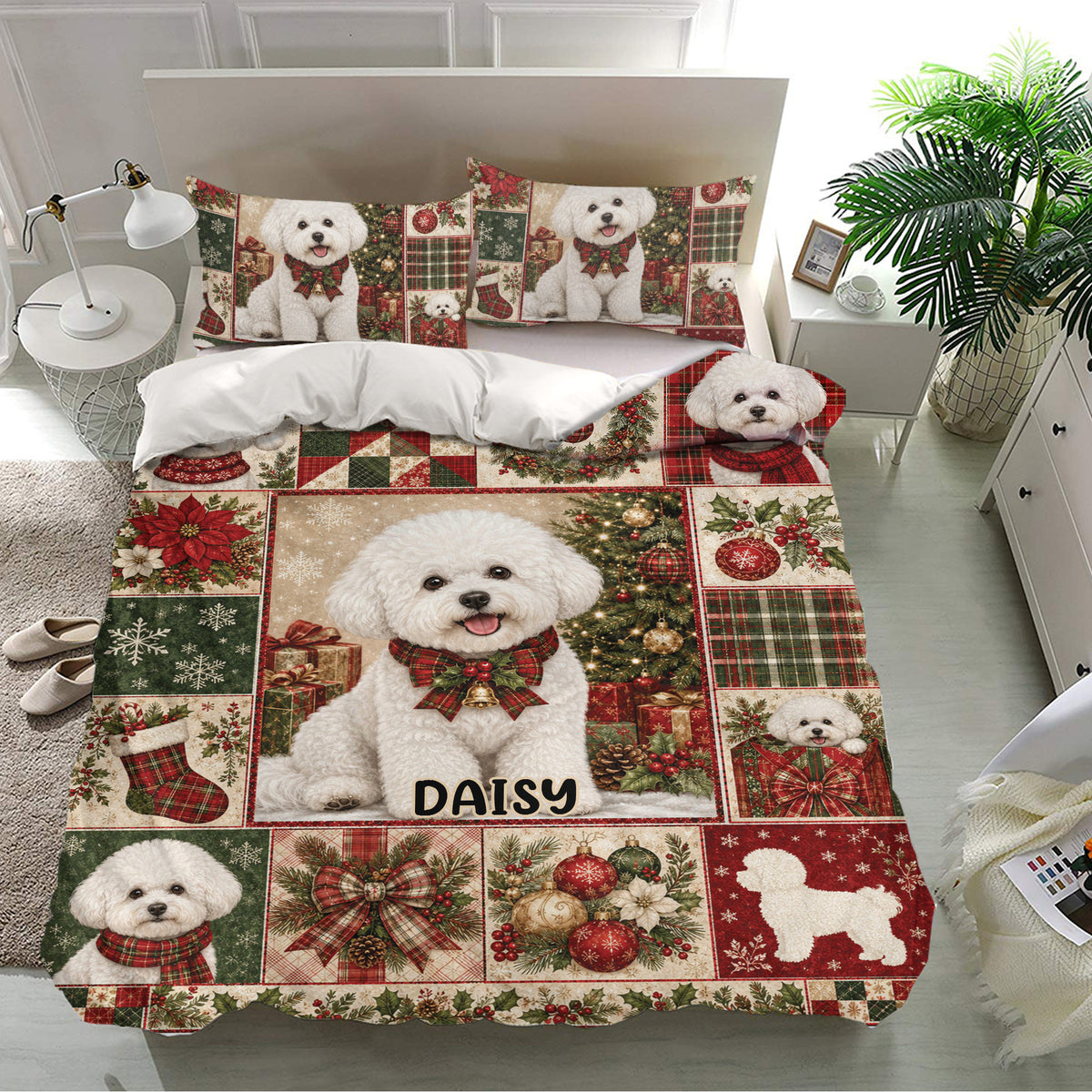Bichon Frise holiday bedding set displayed in a bright bedroom with matching pillowcases and festive patchwork art