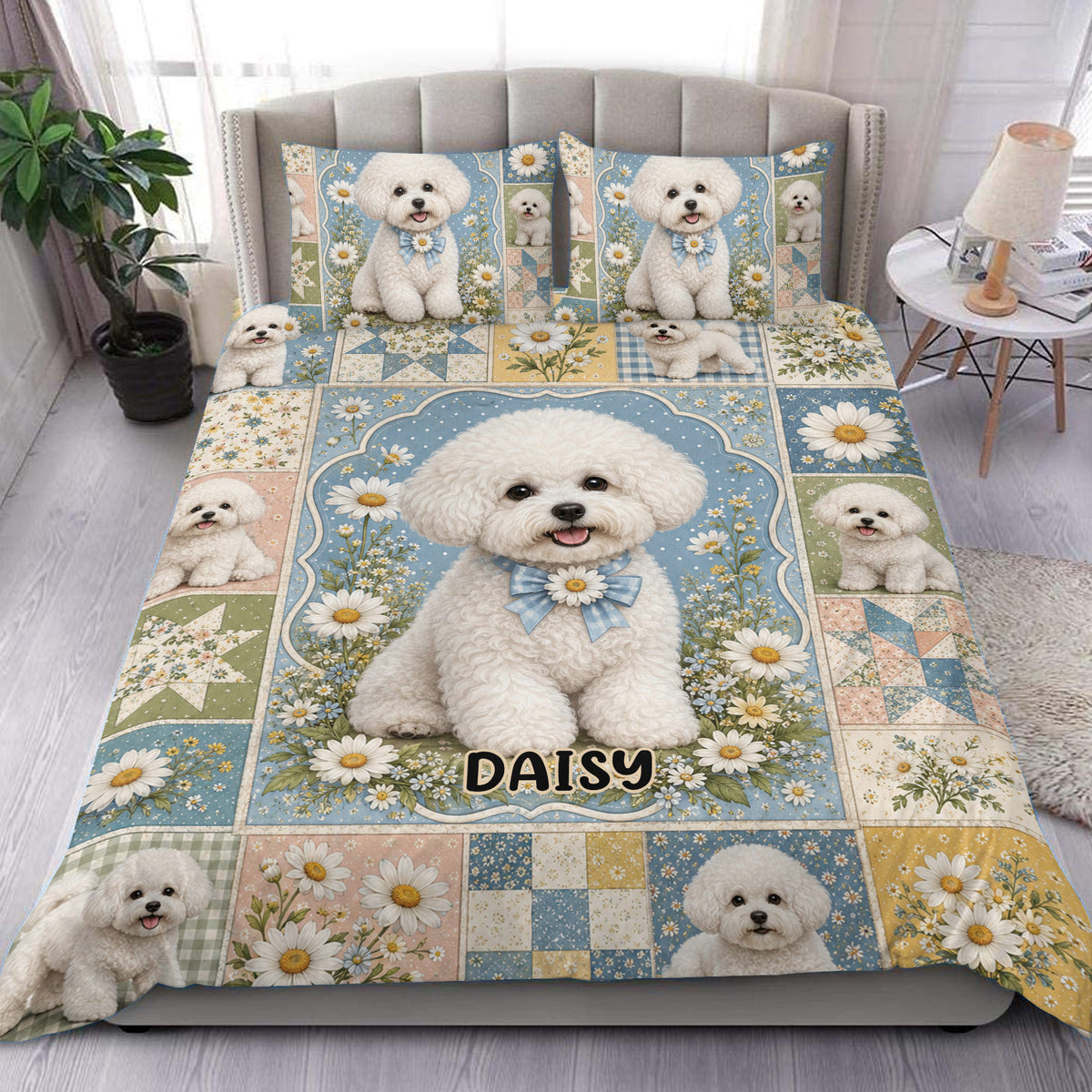 Bichon Frise duvet cover set displayed on a bed with daisy patchwork artwork in blue, cream, green, and pink