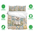 Bichon Frise bedding set with floral patchwork duvet cover and matching pillowcases shown in a bedroom display