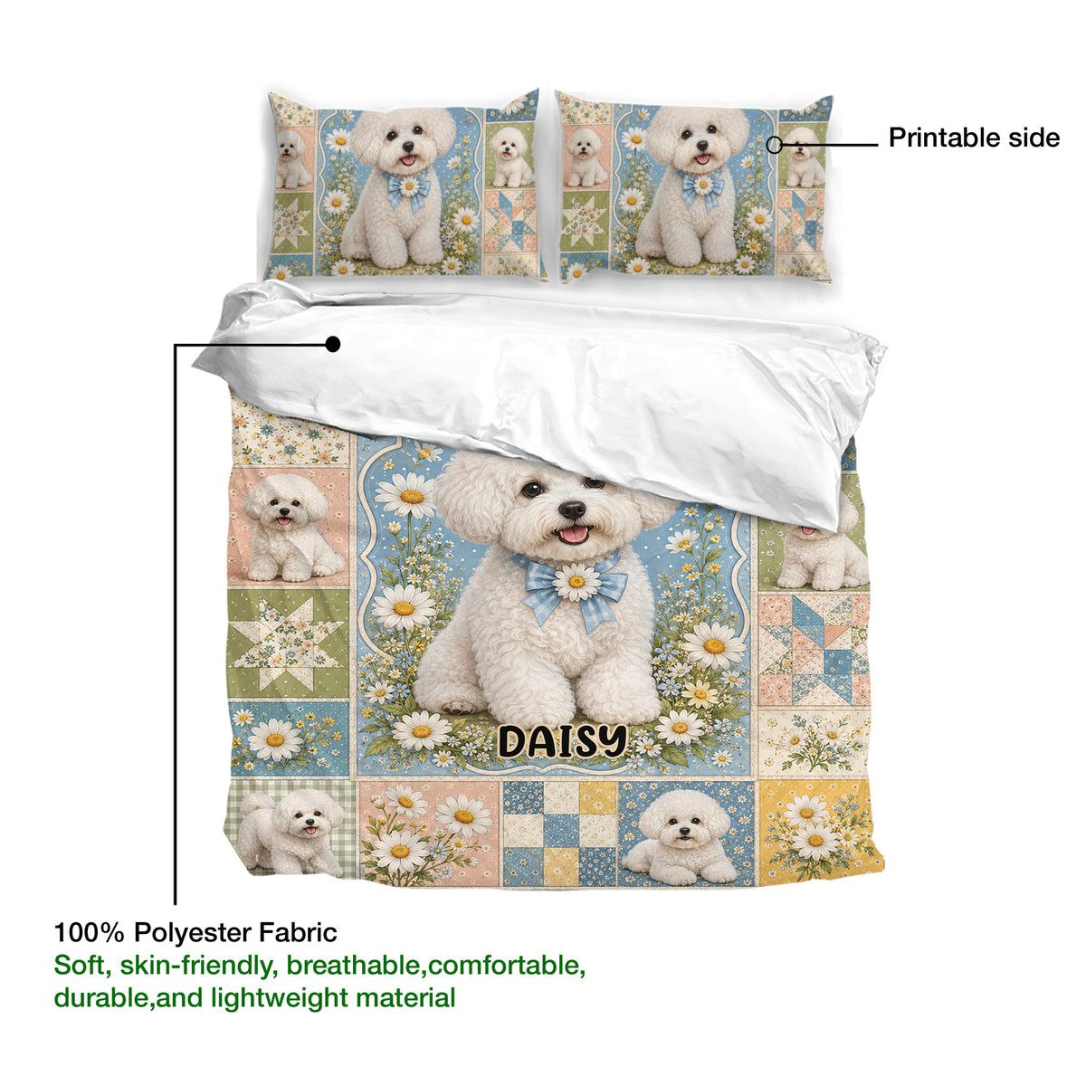 Bichon Frise duvet cover bedding set featuring a floral patchwork print and a soft white reverse side
