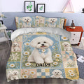 Bichon Frise bedding with daisy artwork and matching pillowcases styled in a bright bedroom