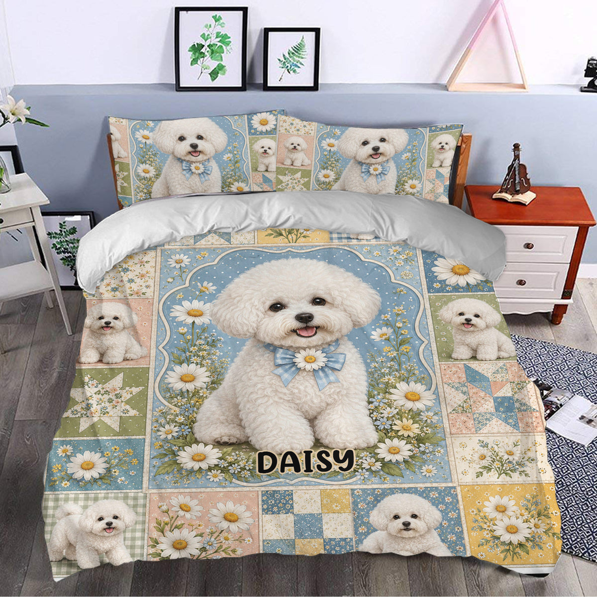 Bichon Frise bedding with daisy artwork and matching pillowcases styled in a bright bedroom