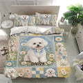 Bichon Frise duvet cover set with puppy portraits, daisies, and blue floral patchwork bedroom decor
