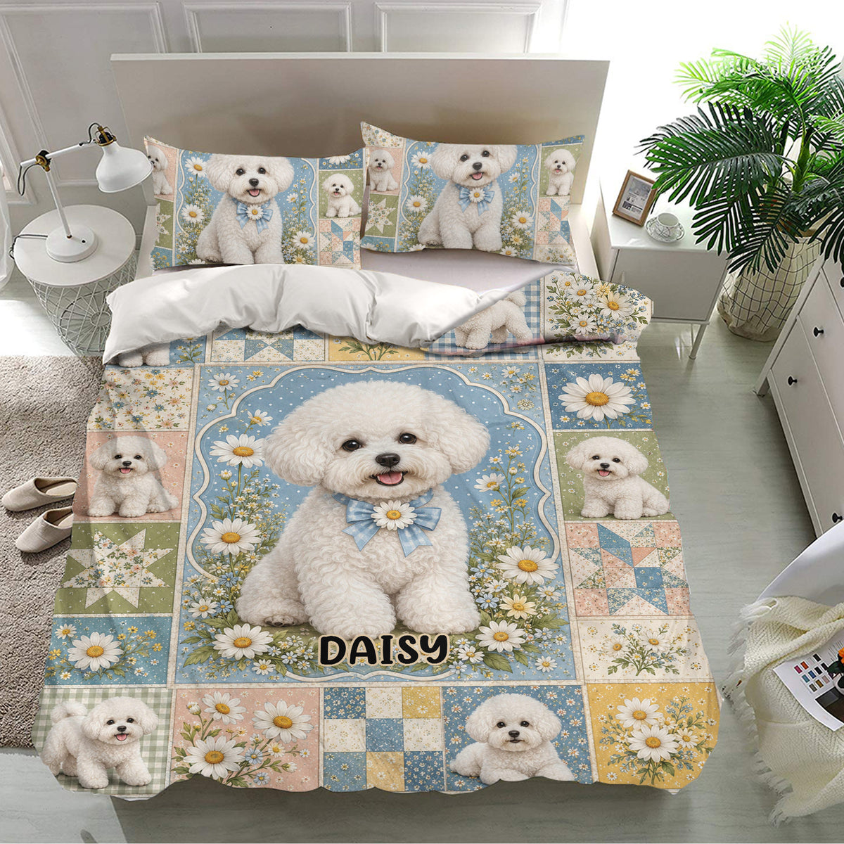 Bichon Frise duvet cover set with puppy portraits, daisies, and blue floral patchwork bedroom decor