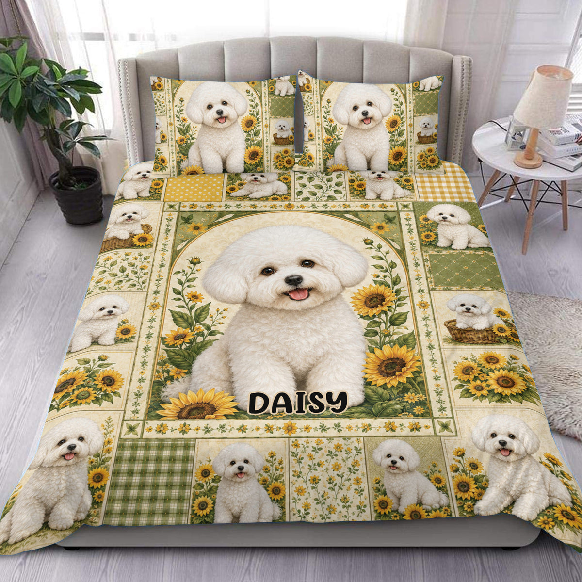 Bichon Frise duvet cover set displayed on a bed with sunflower panels and coordinating dog print pillowcases