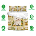 Bichon Frise bedding set with sunflower artwork, matching pillowcases, and a soft green and gold palette