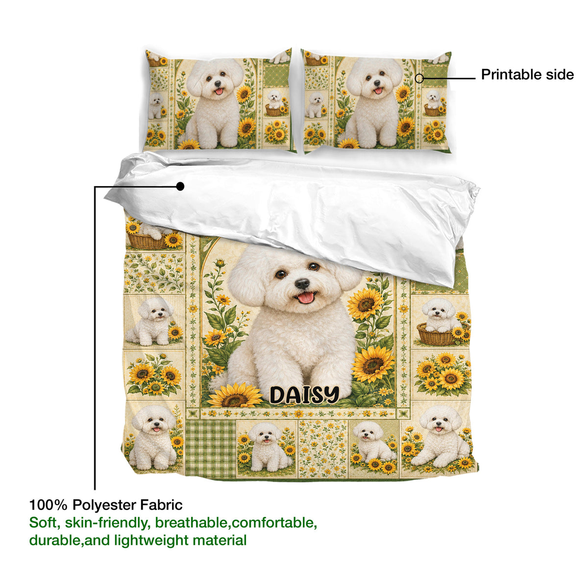 Bichon Frise duvet cover and pillowcases shown with a botanical sunflower print and lightweight fabric detail