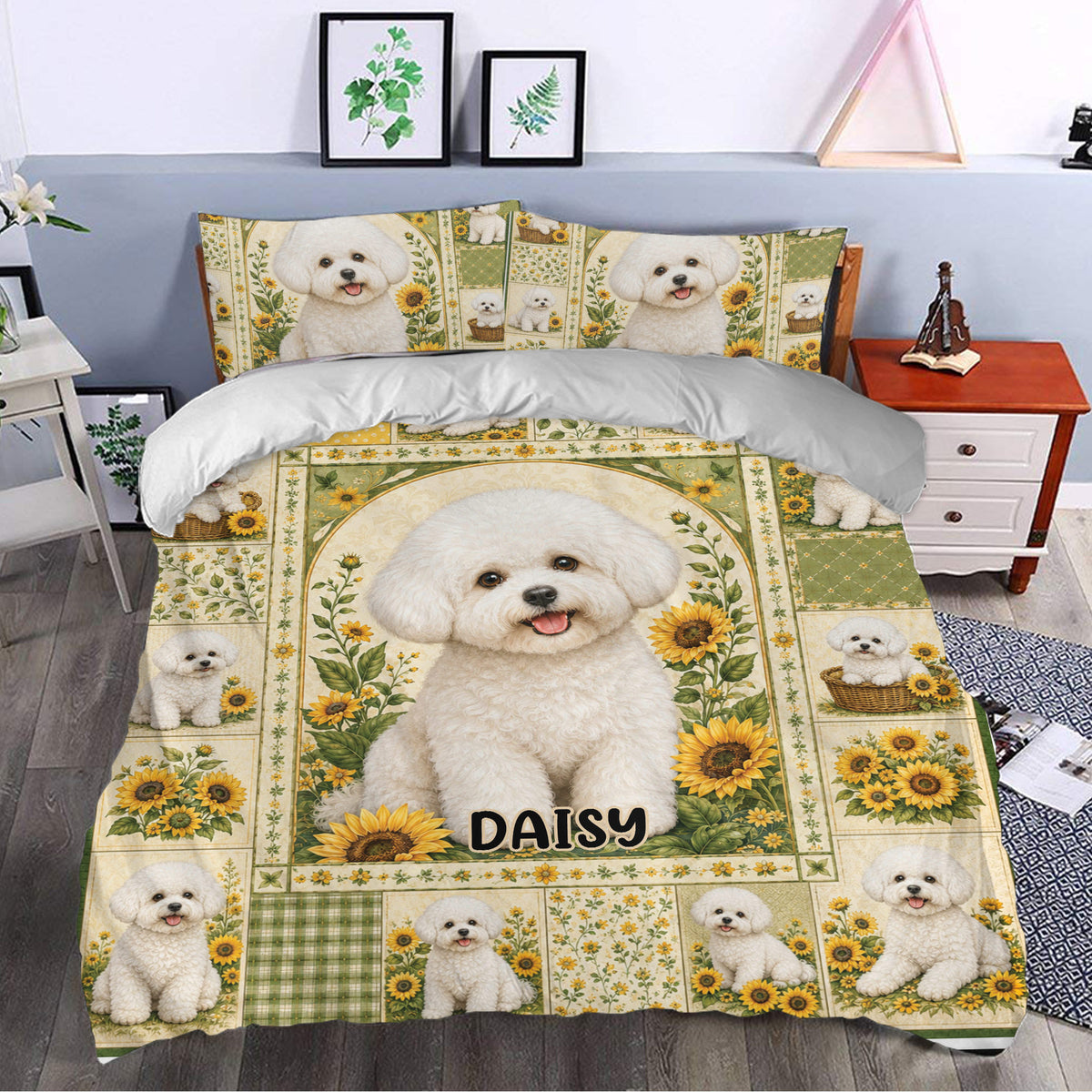 Bichon Frise duvet cover set styled in a bedroom with sunflower artwork and repeating dog portraits