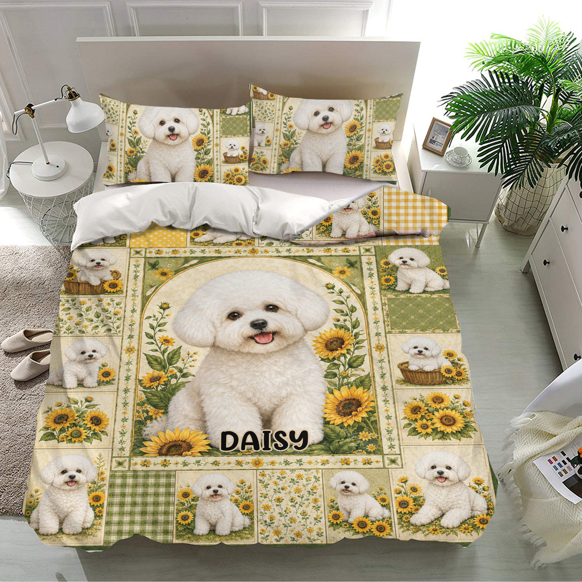 Bichon Frise bedding set presented in a bright bedroom with matching pillowcases and sunflower accents