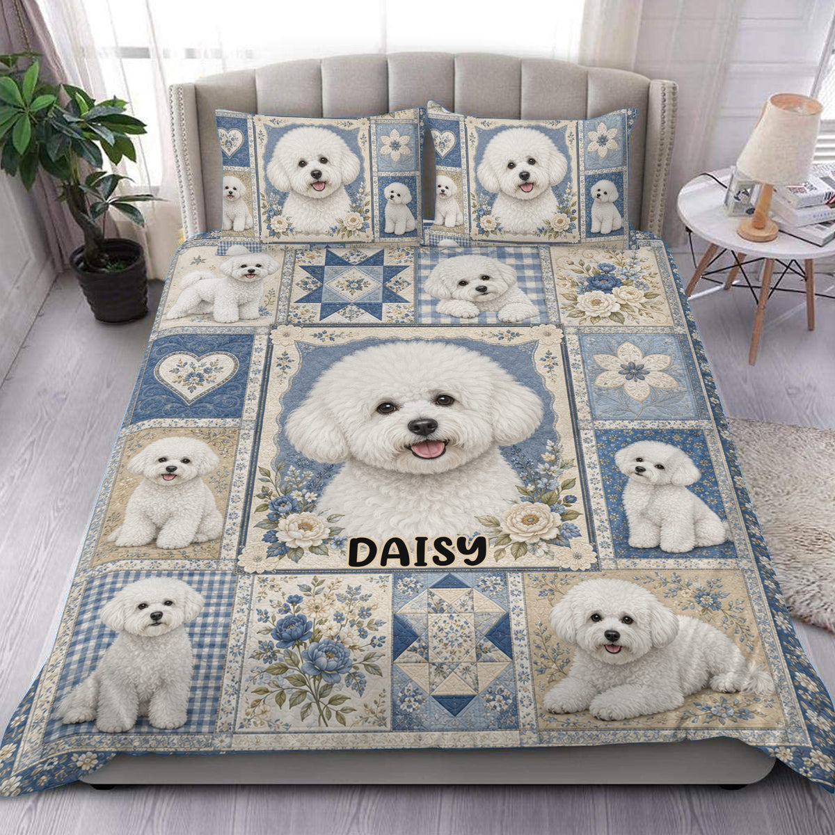 Bichon Frise duvet cover set displayed on a bed with blue floral patchwork artwork and matching pillowcases