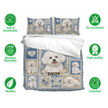 Bichon Frise duvet cover bedding set shown with matching pillowcases and care feature icons
