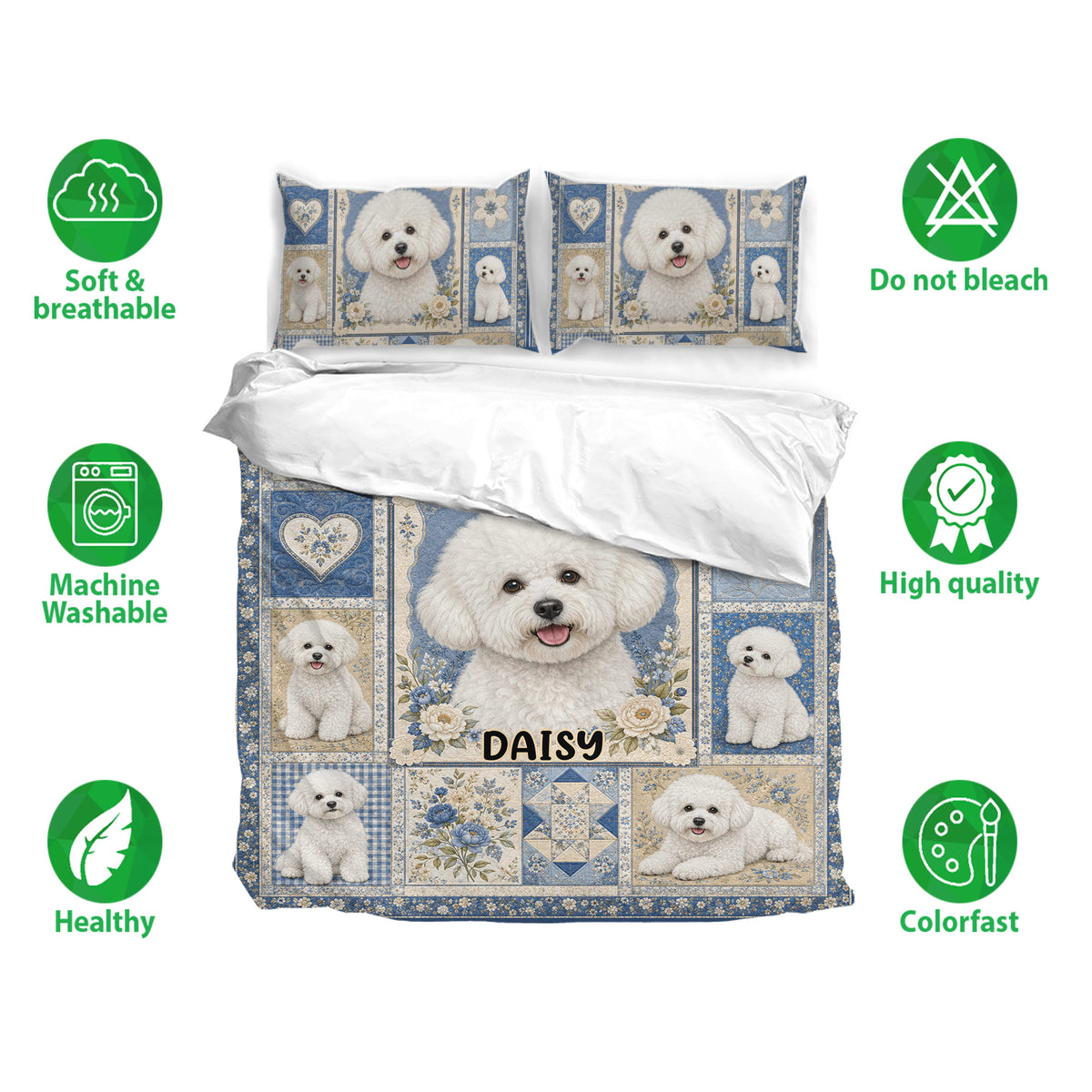 Bichon Frise duvet cover bedding set shown with matching pillowcases and care feature icons