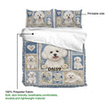 Bichon Frise duvet cover set with blue floral artwork, matching pillowcases, and printable fabric detail