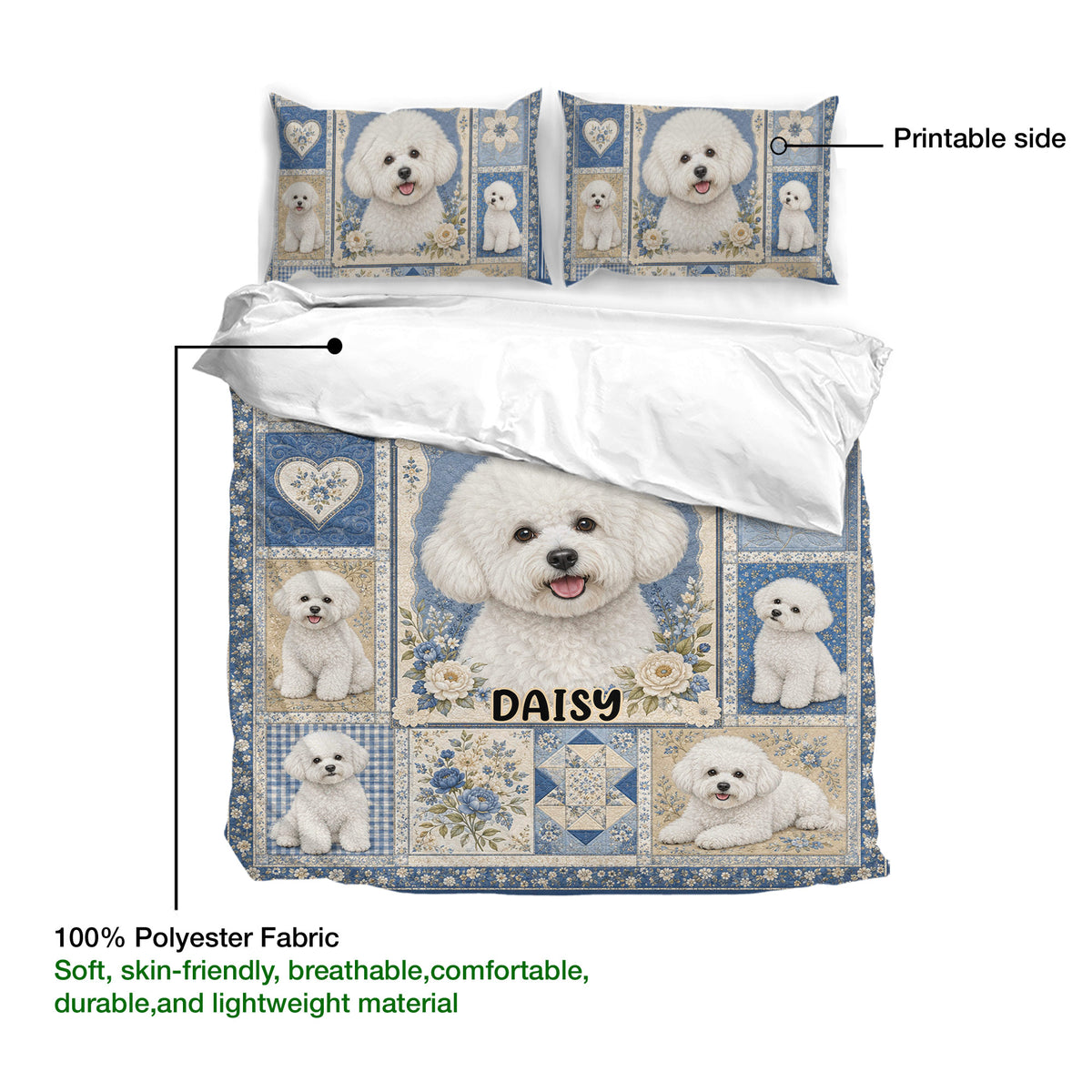 Bichon Frise duvet cover set with blue floral artwork, matching pillowcases, and printable fabric detail