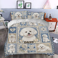 Bichon Frise duvet cover styled in a bedroom with blue floral patchwork artwork and matching pillowcases