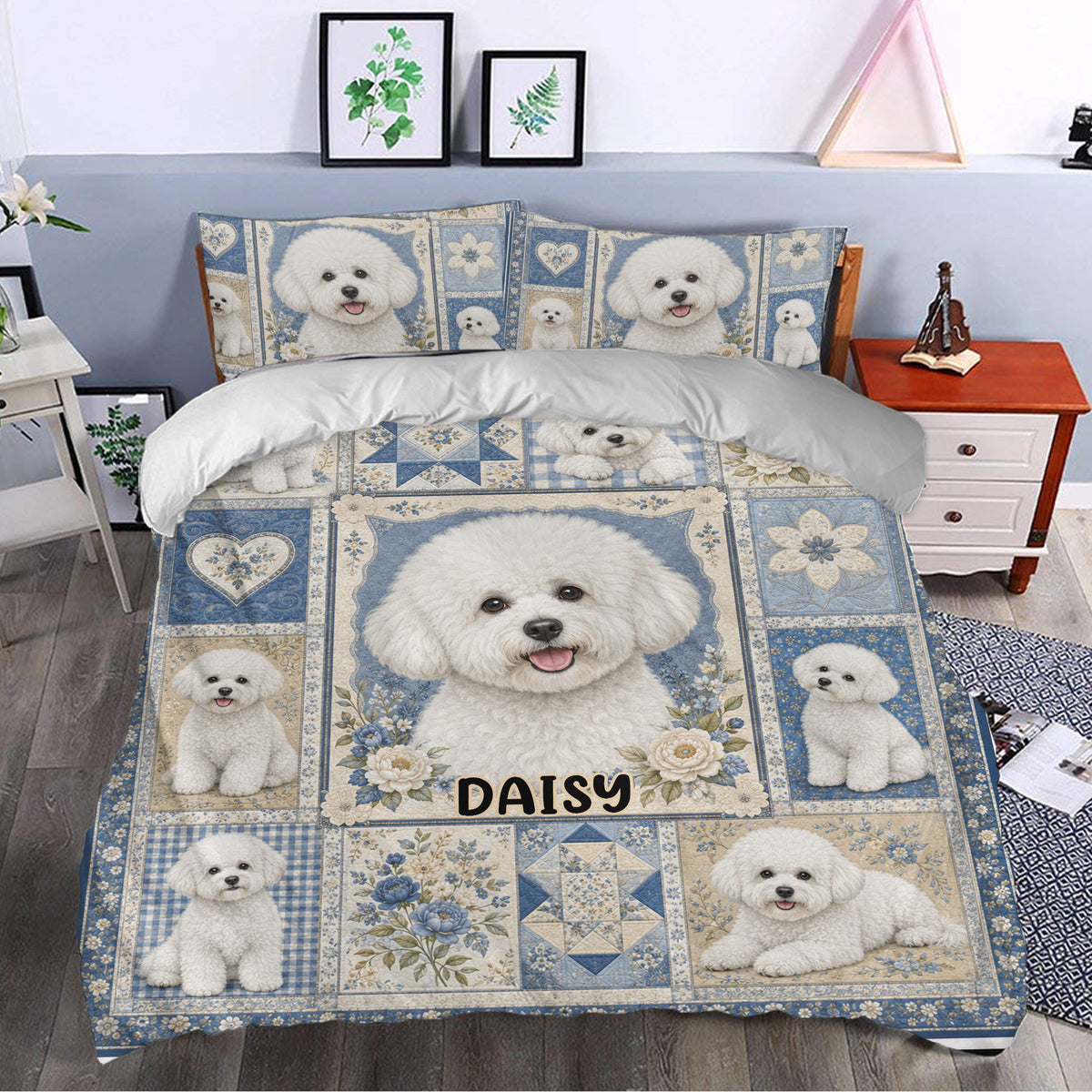 Bichon Frise duvet cover styled in a bedroom with blue floral patchwork artwork and matching pillowcases