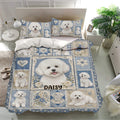 Bichon Frise duvet cover bedding set in a bright bedroom with blue floral dog artwork