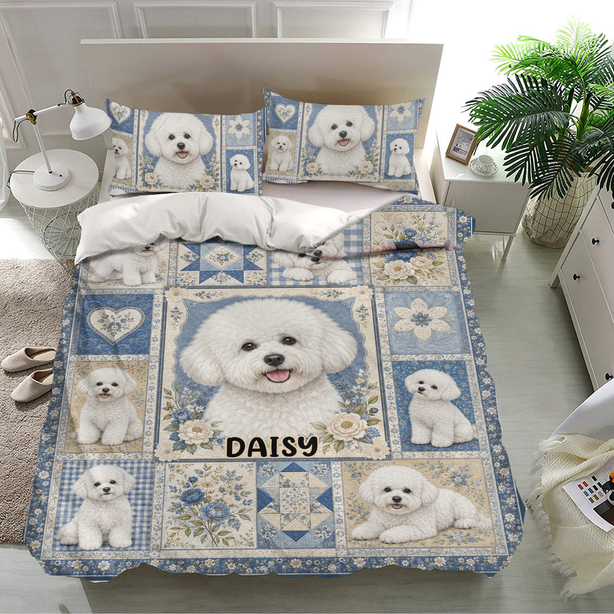 Bichon Frise duvet cover bedding set in a bright bedroom with blue floral dog artwork