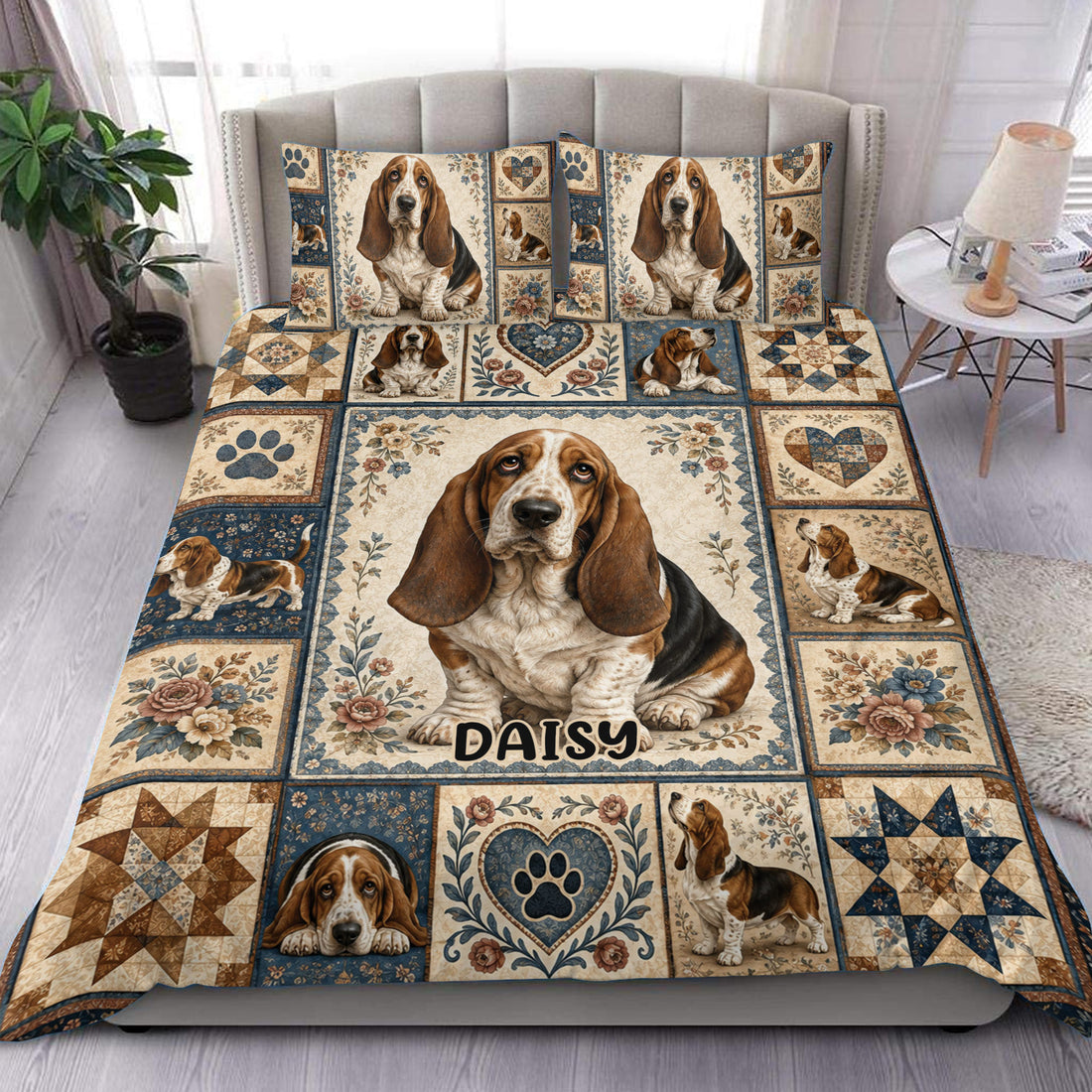 Basset Hound duvet cover set displayed on a bed with vintage patchwork, florals, hearts, and paw prints
