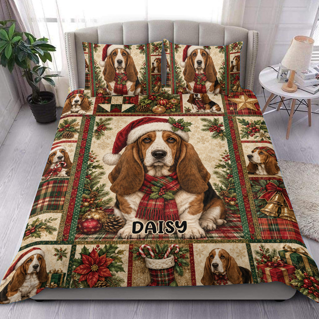 Basset Hound Christmas duvet cover set styled on a bed with plaid, holly, ornaments and festive bedroom decor