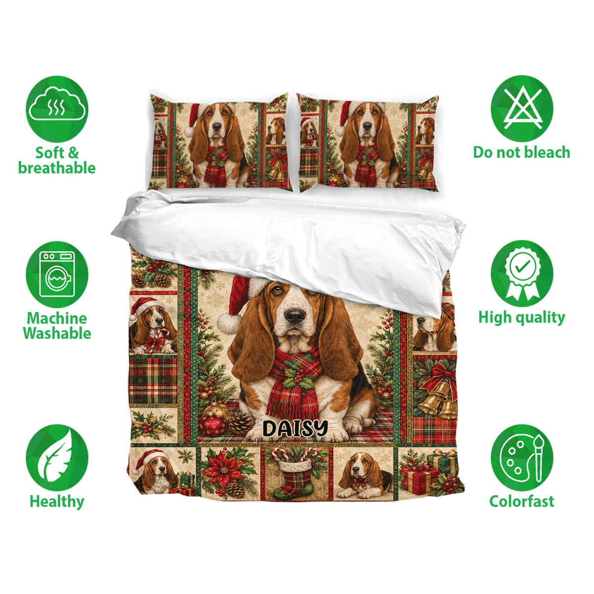 Basset Hound Christmas duvet cover and pillowcases displayed with soft, breathable and machine-washable bedding features