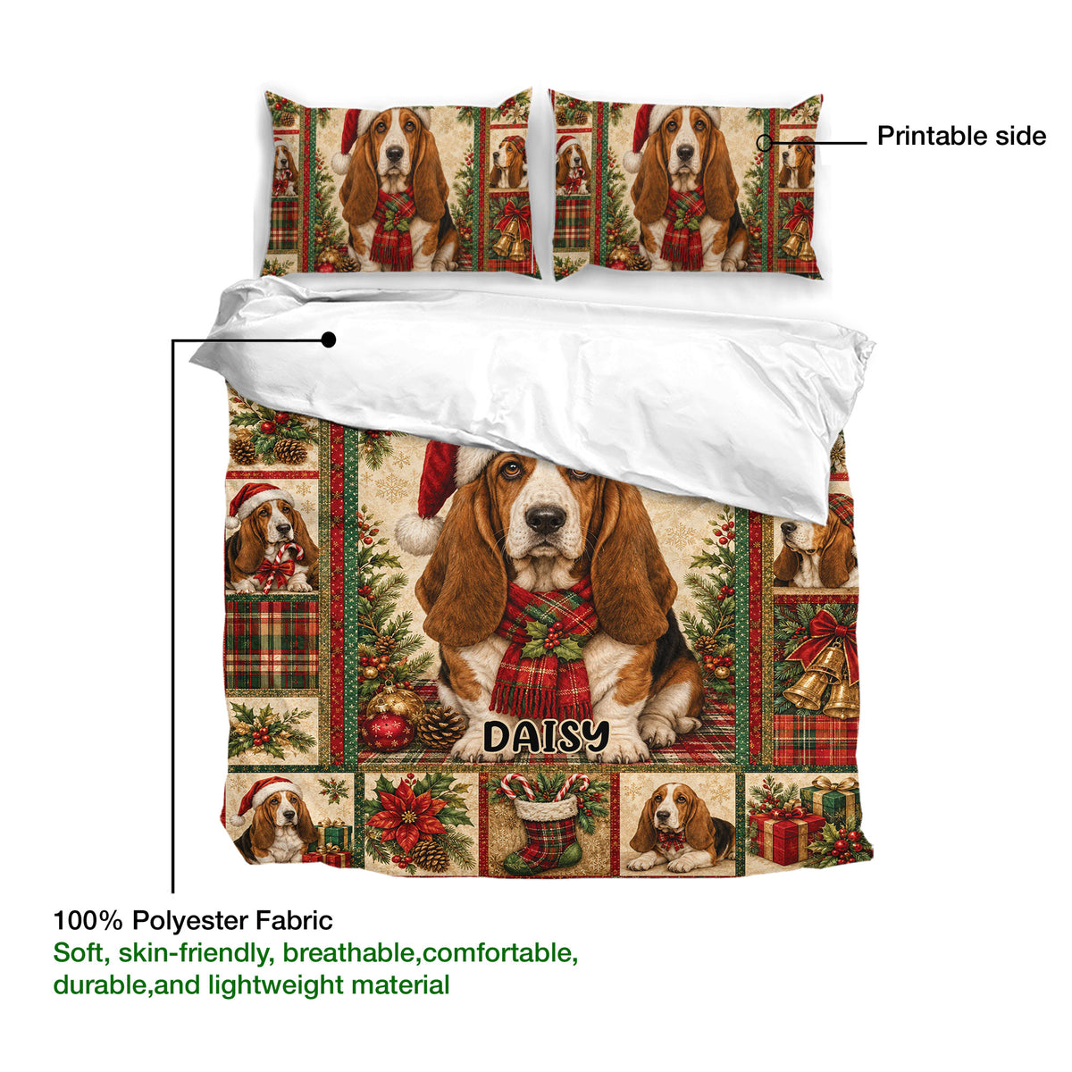 Basset Hound Christmas duvet cover set shown with printable fabric details and soft polyester bedding material