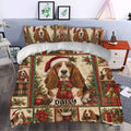 Festive Basset Hound duvet cover set presented in a bedroom with Santa hats, plaid accents, holly and Christmas decor