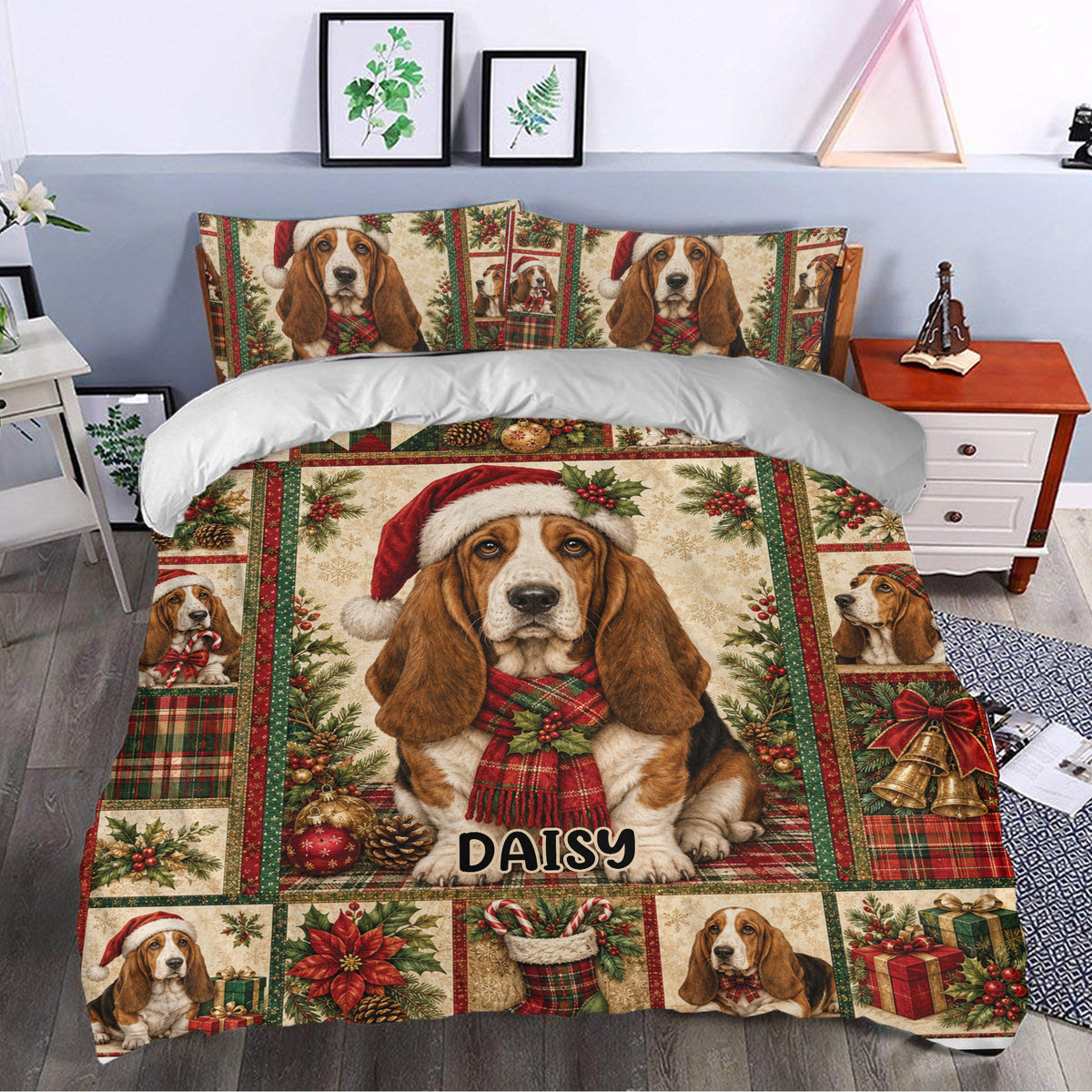 Festive Basset Hound duvet cover set presented in a bedroom with Santa hats, plaid accents, holly and Christmas decor