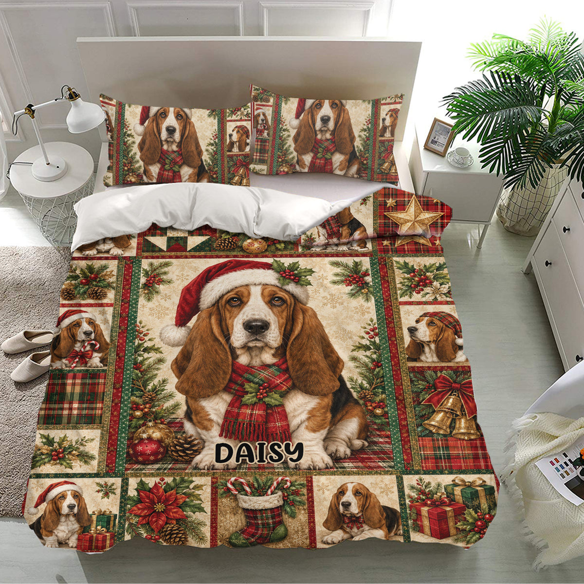 Basset Hound Christmas bedding set styled in a bright bedroom with matching pillowcases, ornaments and seasonal artwork