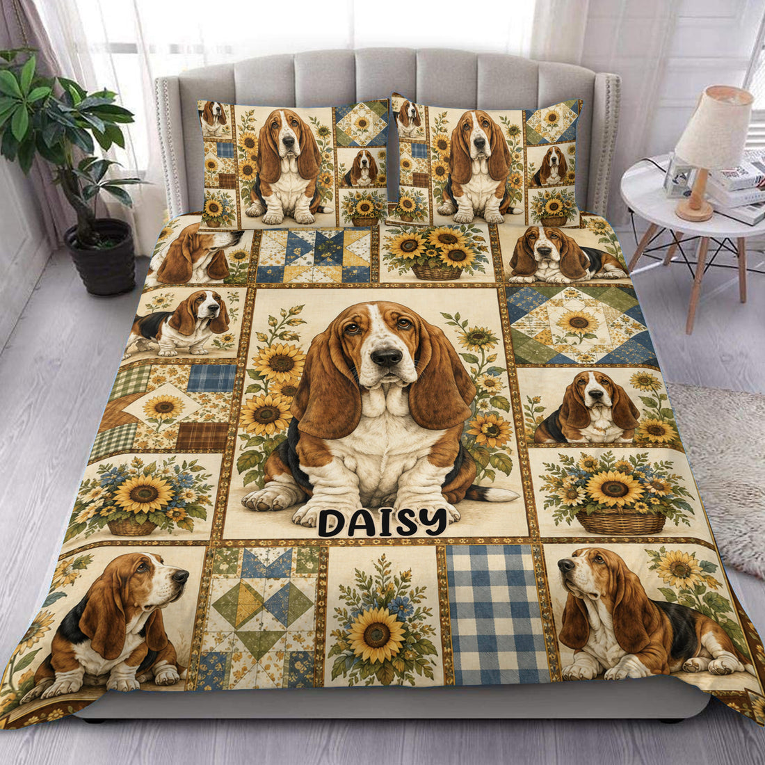 Basset hound duvet cover set with sunflower patchwork artwork styled in a cozy bedroom