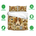 Basset hound bedding set displayed with matching pillowcases and sunflower patchwork design