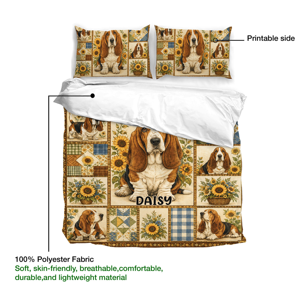 Basset hound duvet cover set showing the printable side and soft polyester fabric detail