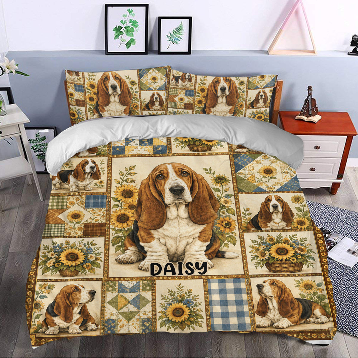 Basset hound duvet cover styled on a bed with sunflowers, patchwork blocks, and farmhouse decor