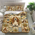Basset hound bedding set presented in a bright bedroom with matching pillowcases and floral accents