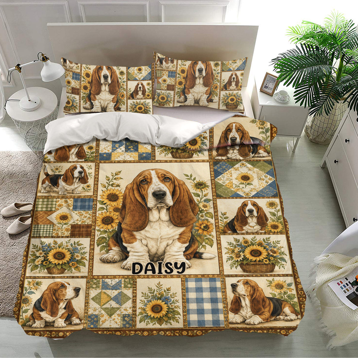 Basset hound bedding set presented in a bright bedroom with matching pillowcases and floral accents