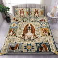 Basset Hound duvet cover set displayed on a bed with daisy florals, patchwork panels, and matching pillowcases