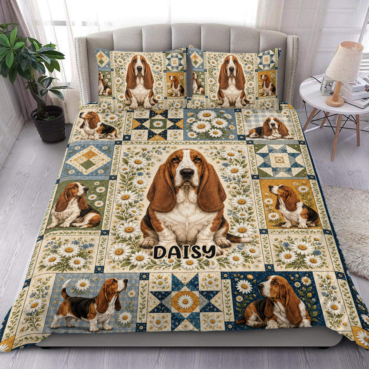 Basset Hound duvet cover set displayed on a bed with daisy florals, patchwork panels, and matching pillowcases