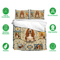 Basset Hound bedding set with daisy patchwork artwork, matching pillowcases, and soft breathable fabric icons