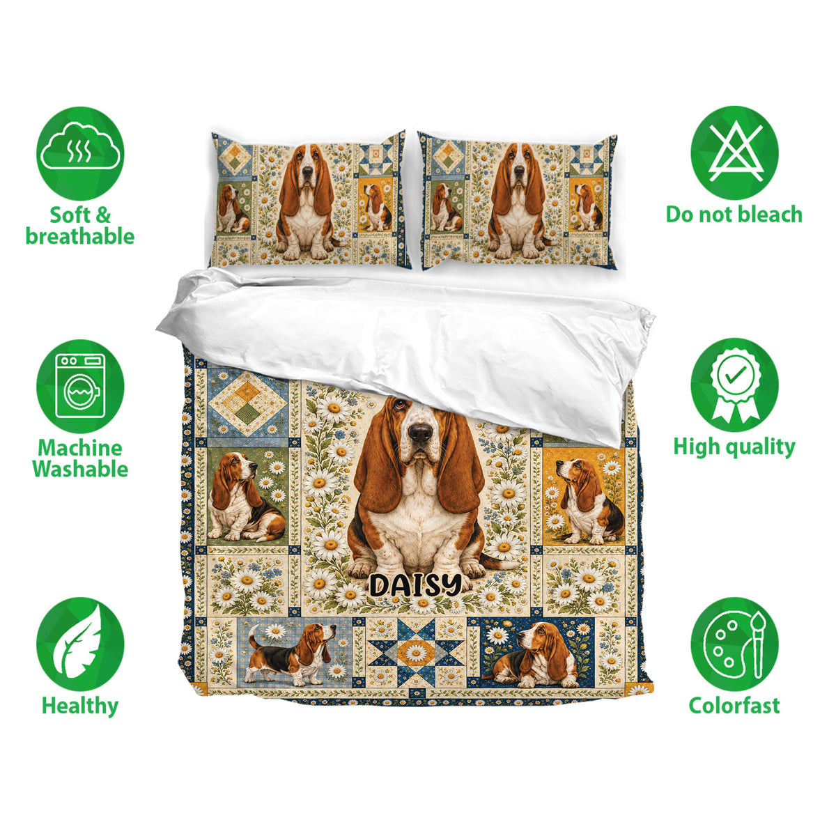 Basset Hound bedding set with daisy patchwork artwork, matching pillowcases, and soft breathable fabric icons