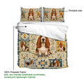 Basset Hound duvet cover and matching pillowcases shown with floral patchwork artwork and fabric detail callouts