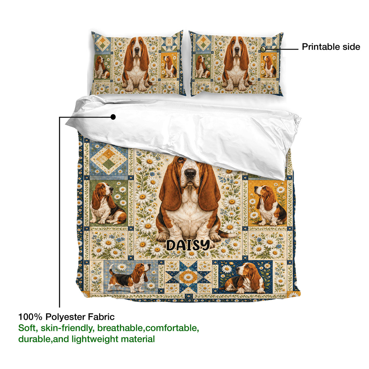 Basset Hound duvet cover and matching pillowcases shown with floral patchwork artwork and fabric detail callouts