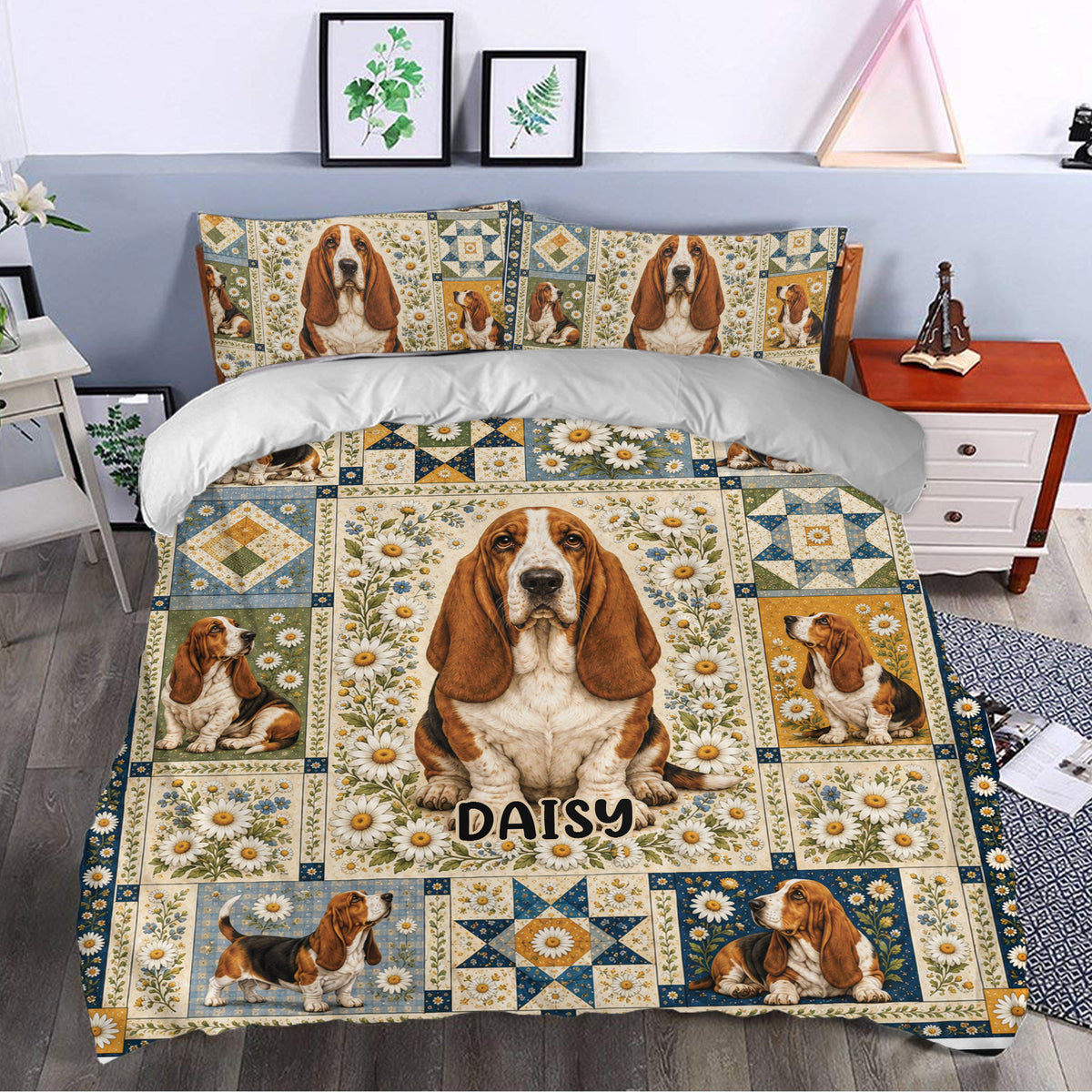 Basset Hound duvet cover set styled in a bedroom with daisy florals, blue accents, and patchwork artwork
