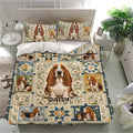 Basset Hound bedding set presented in a bright bedroom with matching floral patchwork pillowcases and duvet cover