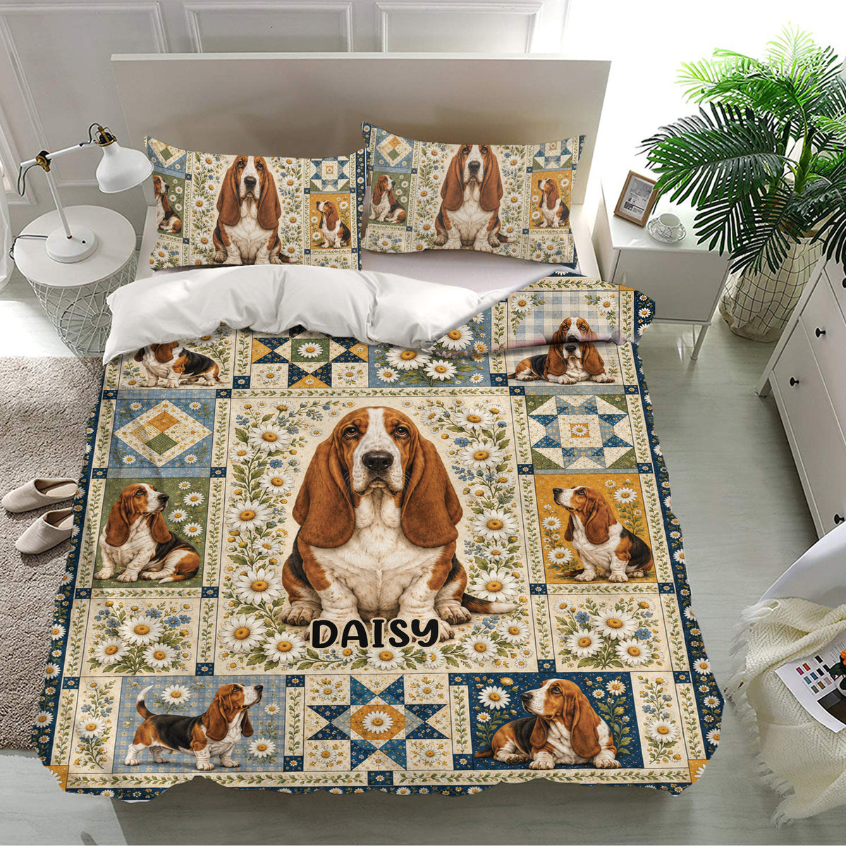 Basset Hound bedding set presented in a bright bedroom with matching floral patchwork pillowcases and duvet cover