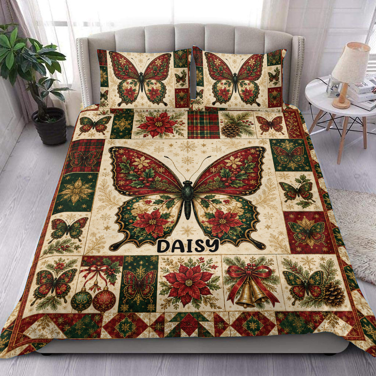 Butterfly duvet cover set displayed on a bed with vintage Christmas colors, poinsettias, holly and snowflakes