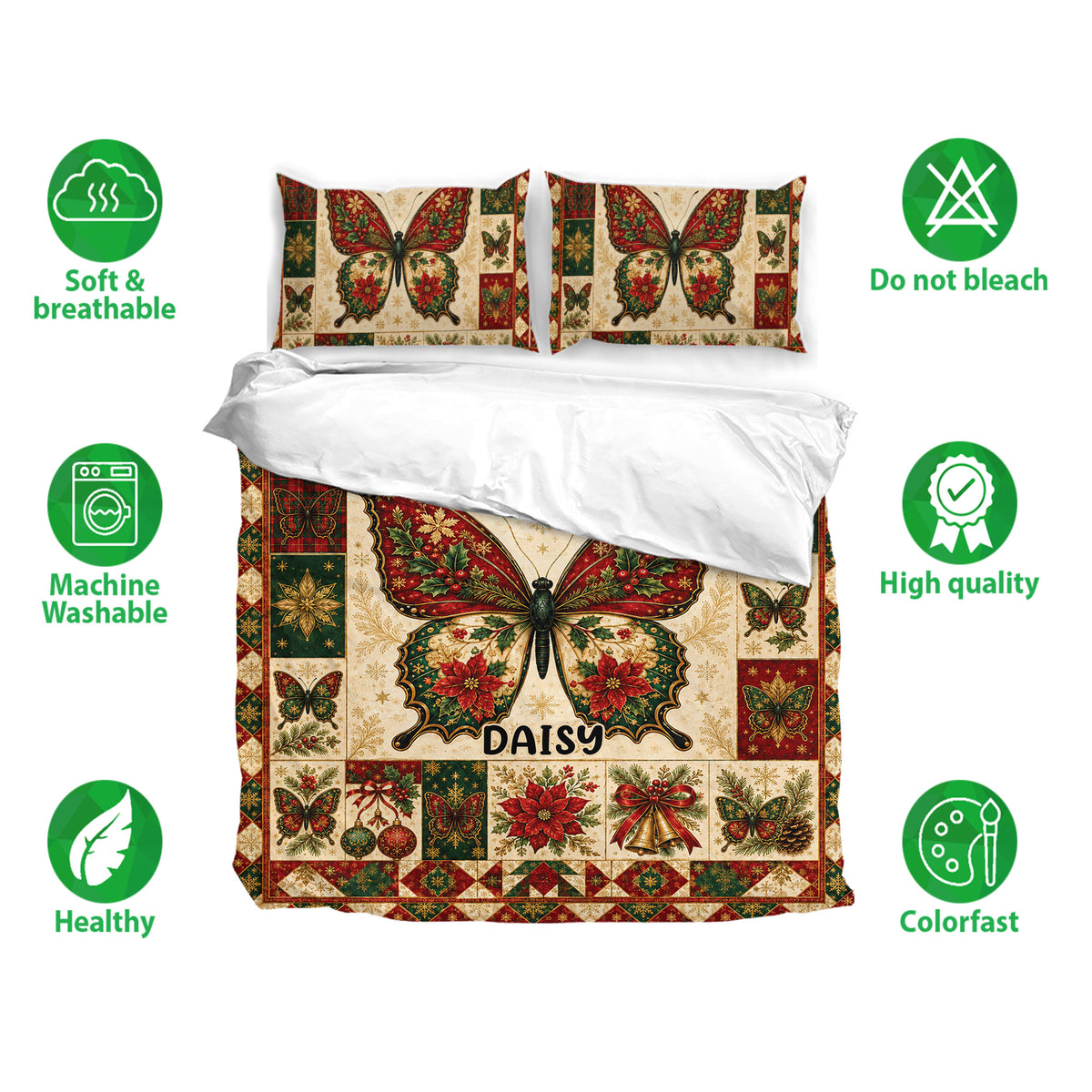 Butterfly bedding set with matching pillowcases, rich red and green Christmas artwork, and soft breathable styling