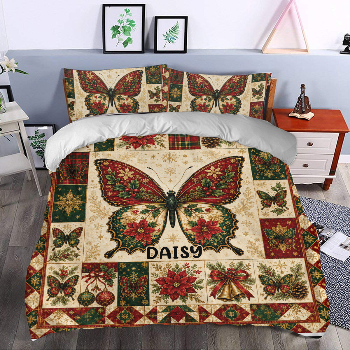Butterfly duvet cover styled in a bedroom with poinsettias, holly, snowflakes and traditional Christmas colors