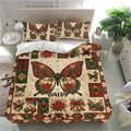 Festive butterfly bedding set displayed in a bright bedroom with matching pillowcases and vintage holiday artwork