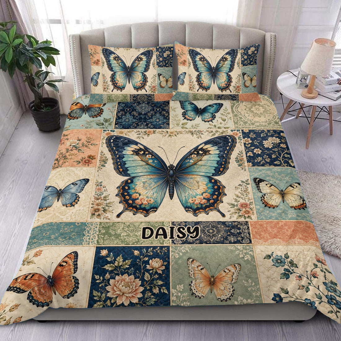 Vintage butterfly duvet cover set with blue and orange butterflies, floral panels, and matching pillows