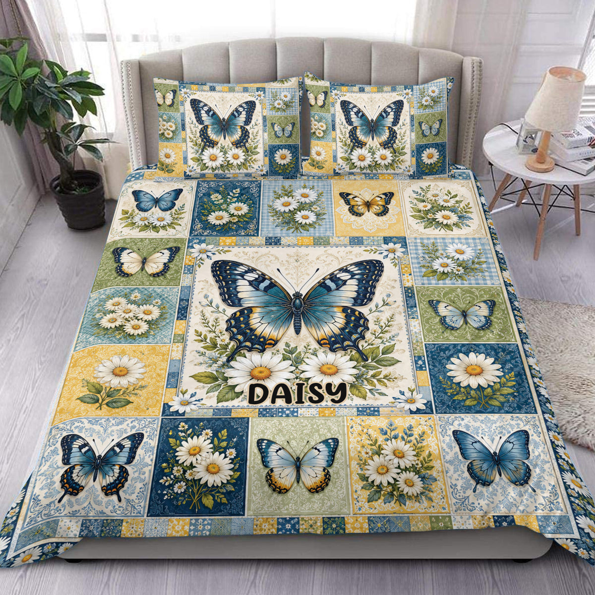 Butterfly duvet cover set with blue and gold butterflies, daisies, and vintage floral patchwork in a bedroom